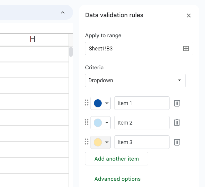 Google Sheets: Example of drop-down elements Image: Google Sheets: Example of drop-down elements