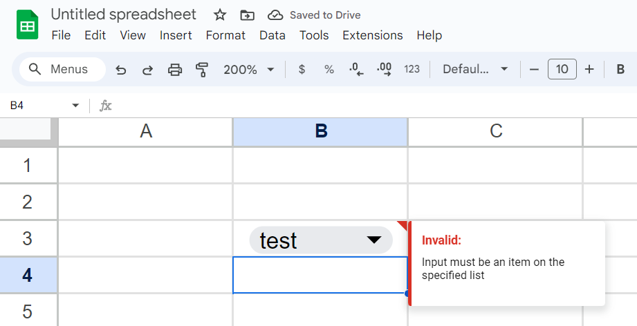 Google Sheets: A warning is displayed for an invalid entry Image: Google Sheets: A warning is displayed for an invalid entry