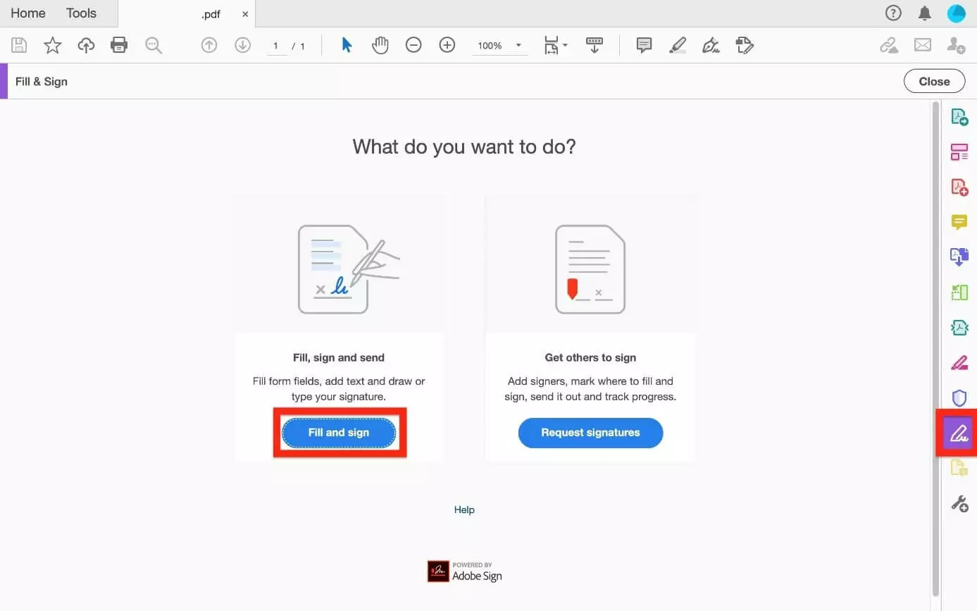 Image: Adobe Acrobat menu “Fill and sign” with options