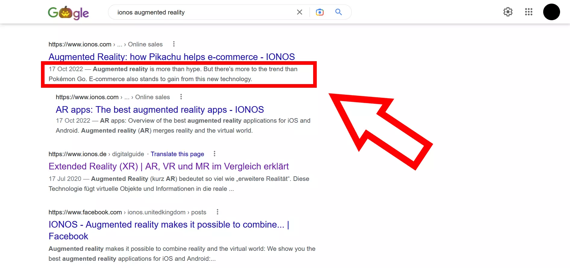 Screenshot of Google search results with an example of a meta description from an IONOS article about augmented reality Image: Screenshot of Google search results with an example of a meta description from an IONOS article about augmented reality