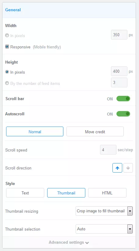 FeedWind menu: General settings Image: FeedWind menu: General settings