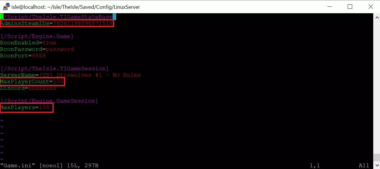 View of the Game.ini file in the text editor vim Image: View of the Game.ini file in the text editor vim