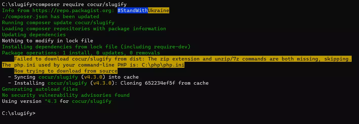 cocur/slugify download via PHP Composer in Windows 11 Image: cocur/slugify download via PHP Composer in Windows 11