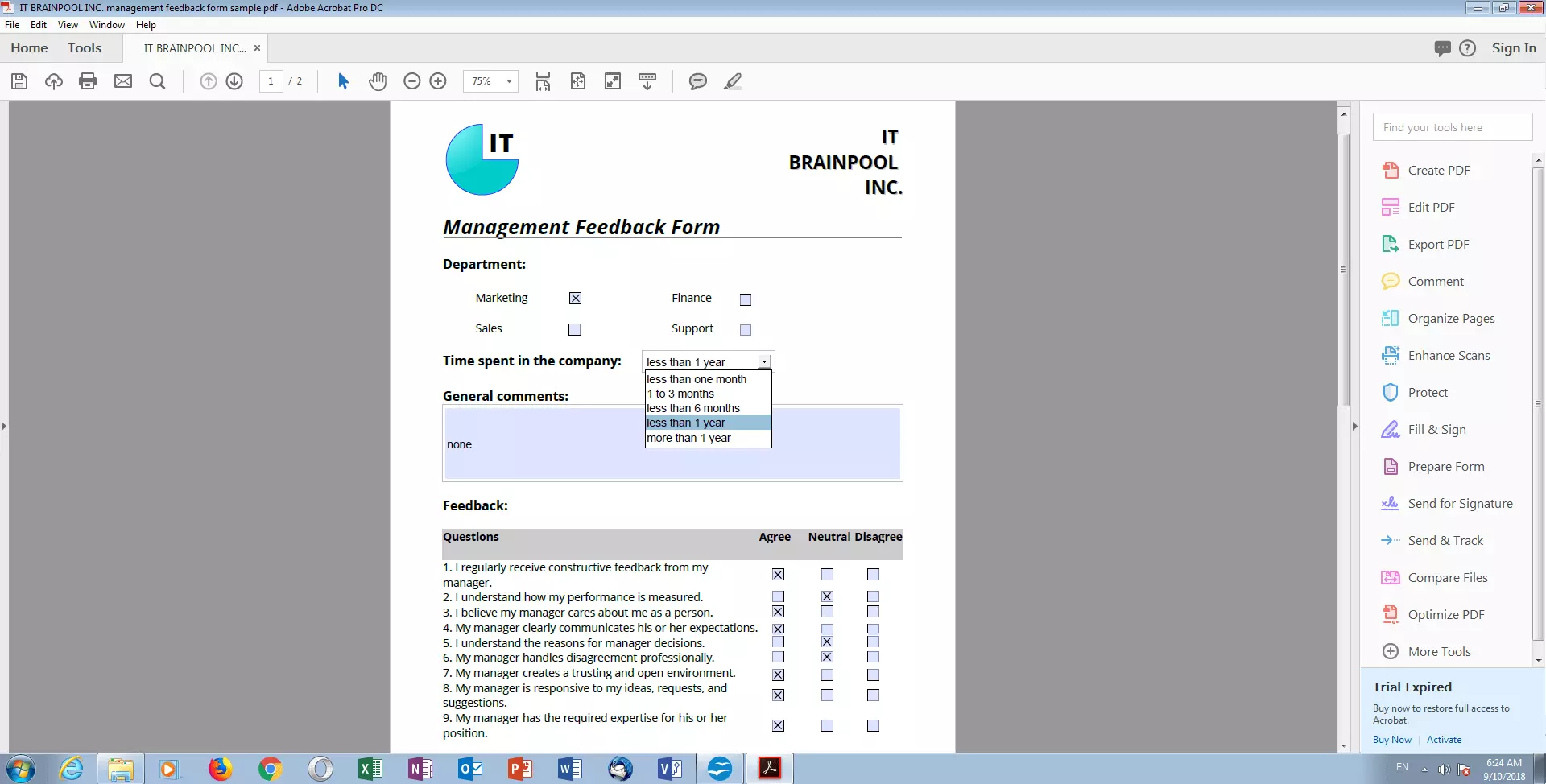 Image: Example of a management feedback form in a PDF Reader