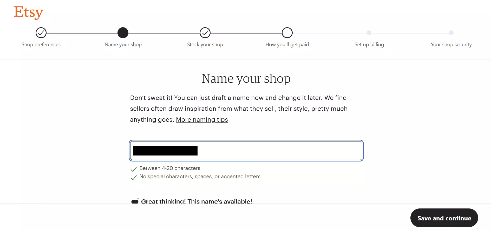 Screenshot of page to name an Etsy store Image: Screenshot of page to name an Etsy store
