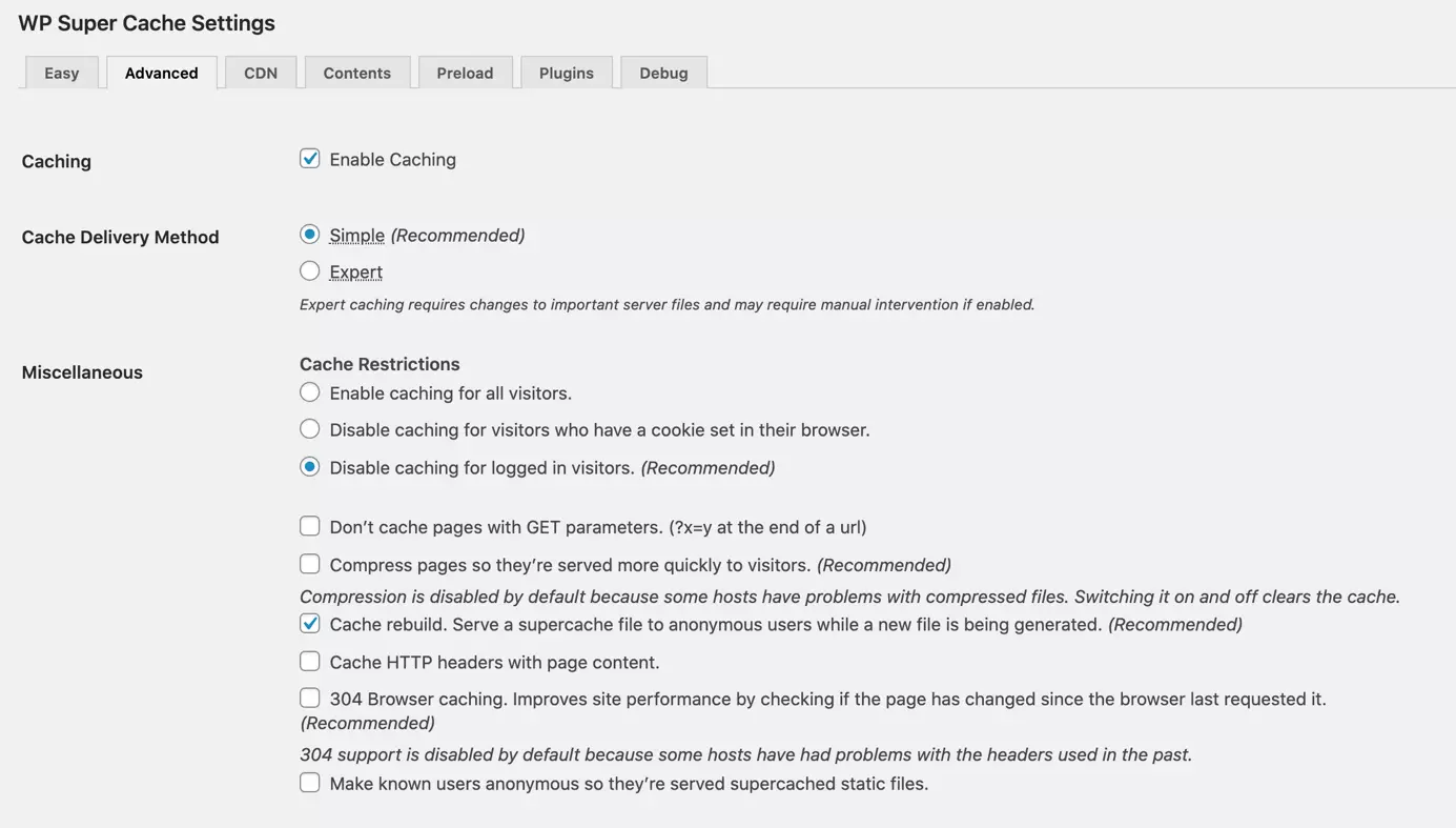 Image: Admin area installation of the WordPress caching plug-in WP Super Cache