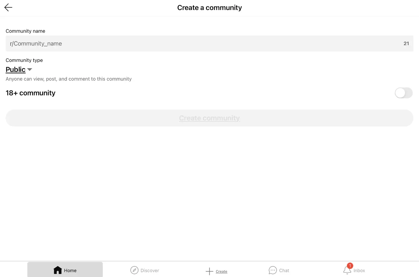 Image: iPad screenshot of the community creation process on Reddit