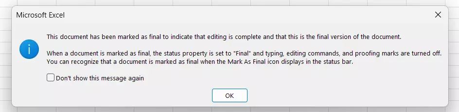 Message stating that Excel document has been marked as final Image: Message stating that Excel document has been marked as final