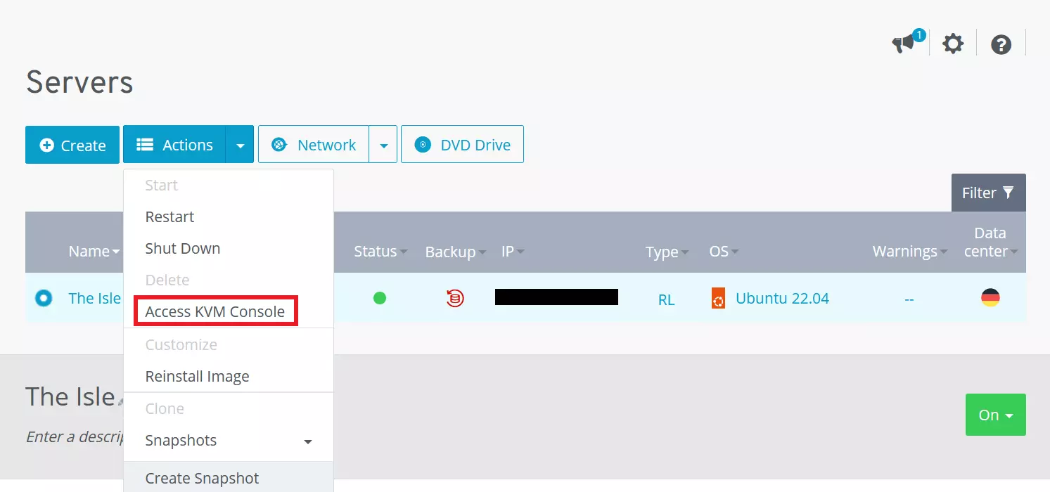 Access the KVM Console in the IONOS Cloud Panel Image: Access the KVM Console in the IONOS Cloud Panel
