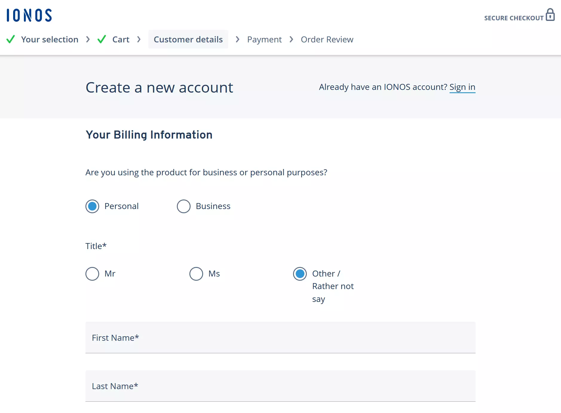 Screenshot of the order form for creating a customer account with IONOS Image: Screenshot of the order form for creating a customer account with IONOS