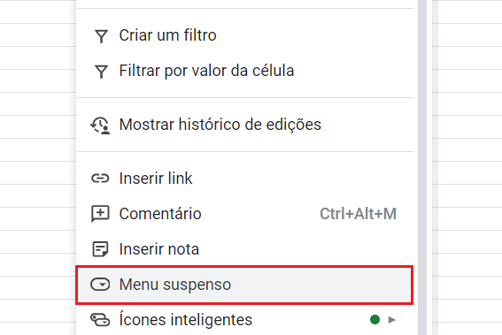 Caminho para criar uma lista suspensa em uma célula do Google Sheets Imagem: Caminho para criar uma lista suspensa em uma célula do Google Sheets