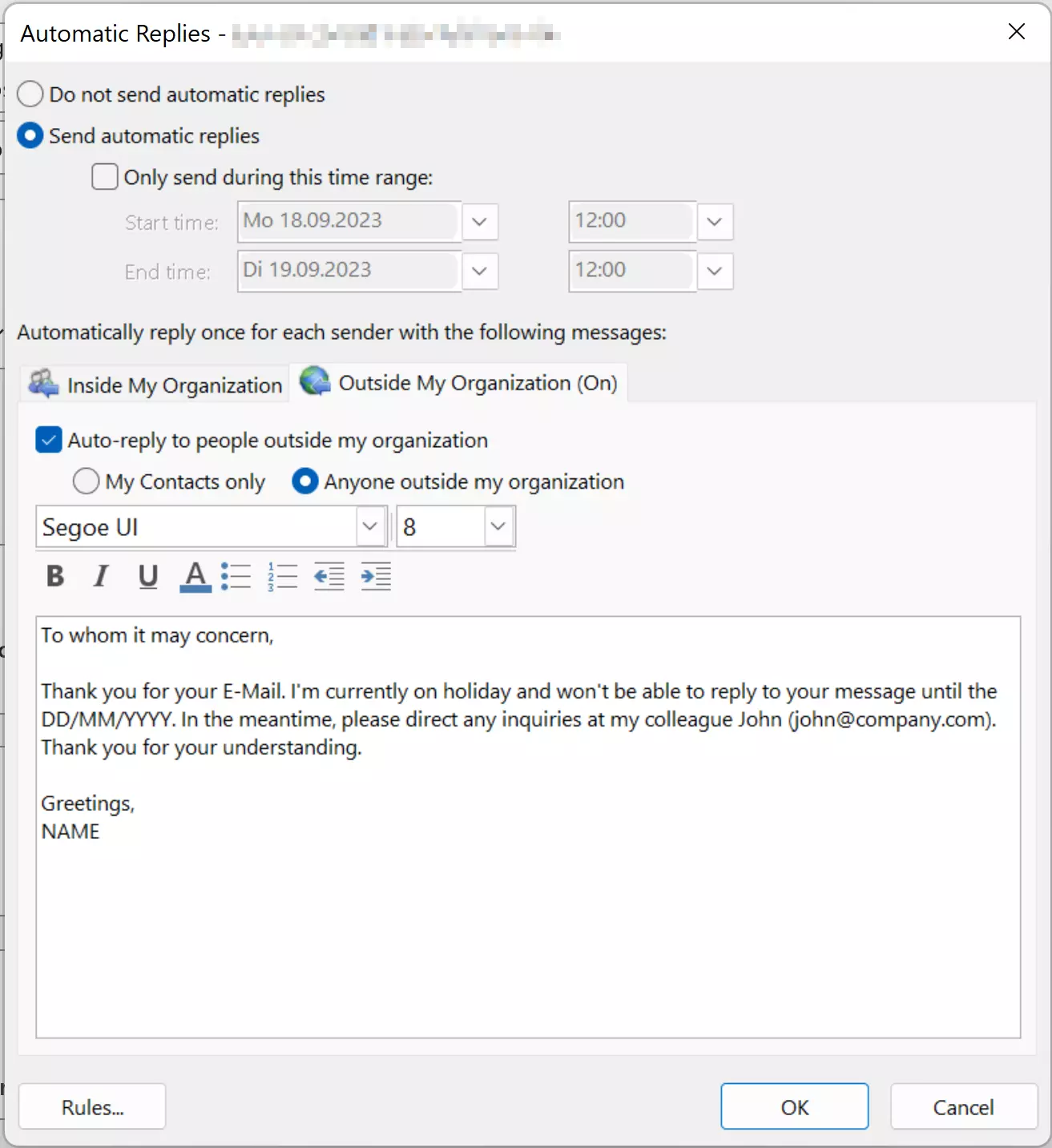 Janela de configuração de ausência temporária com a opção de designar um período de resposta automática Imagem: Janela de configuração de ausência temporária com a opção de designar um período de resposta automática