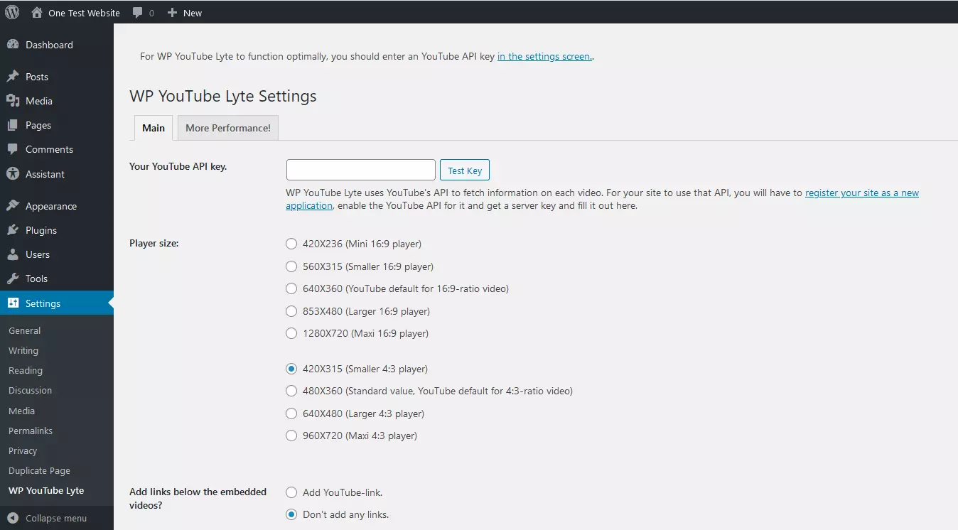 Menu do WP YouTube Lyte no back-end do WordPress Imagem: Menu do WP YouTube Lyte no back-end do WordPress