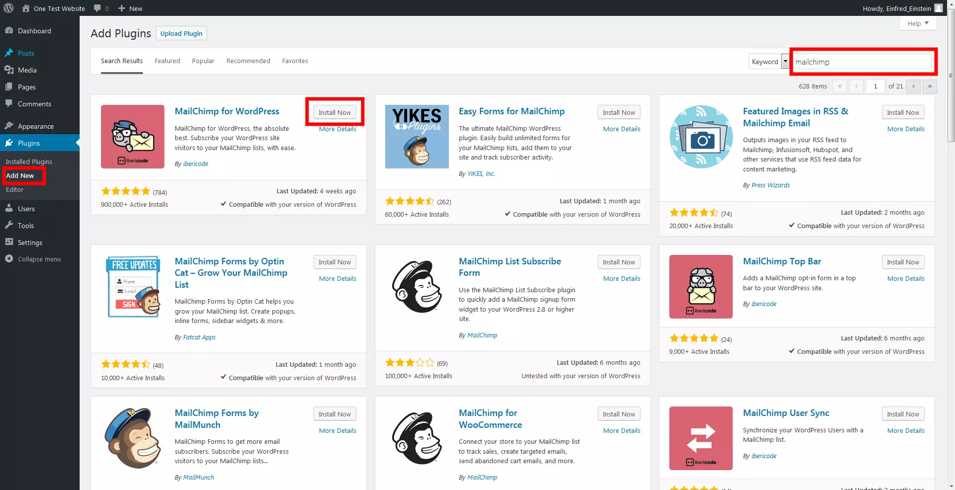 Lista de plugins para a busca “MailChimp” Imagem: Lista de plugins para a busca “MailChimp”
